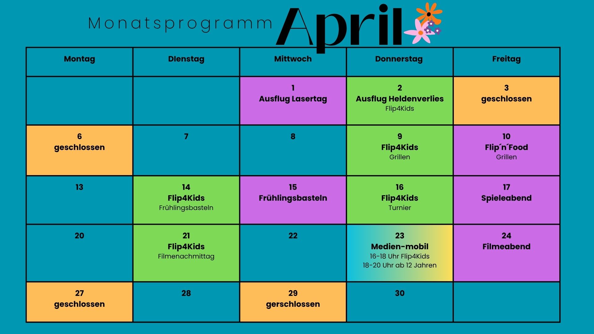 Hier finden Sie das Monatsprogramm mit allen relevanten Informationen zu Angeboten im April