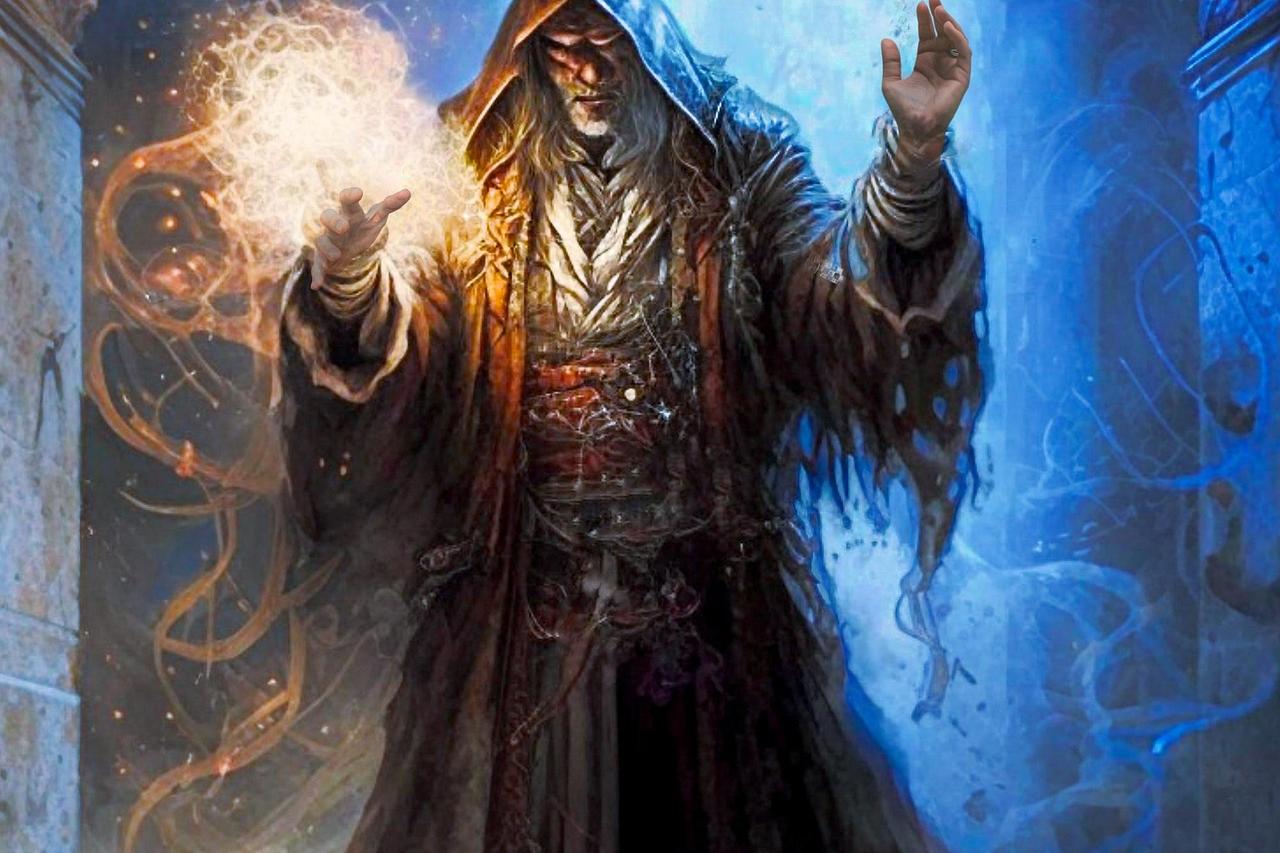 Ein Mann in alten Gewändern, die die von einem Zauberer ähneln, gekleidet.